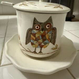 Owl Design Ceramic Teacup with Lid and Plate